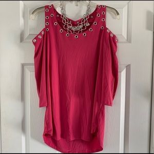 Allison Taylor cold shoulder top w/ grommets.